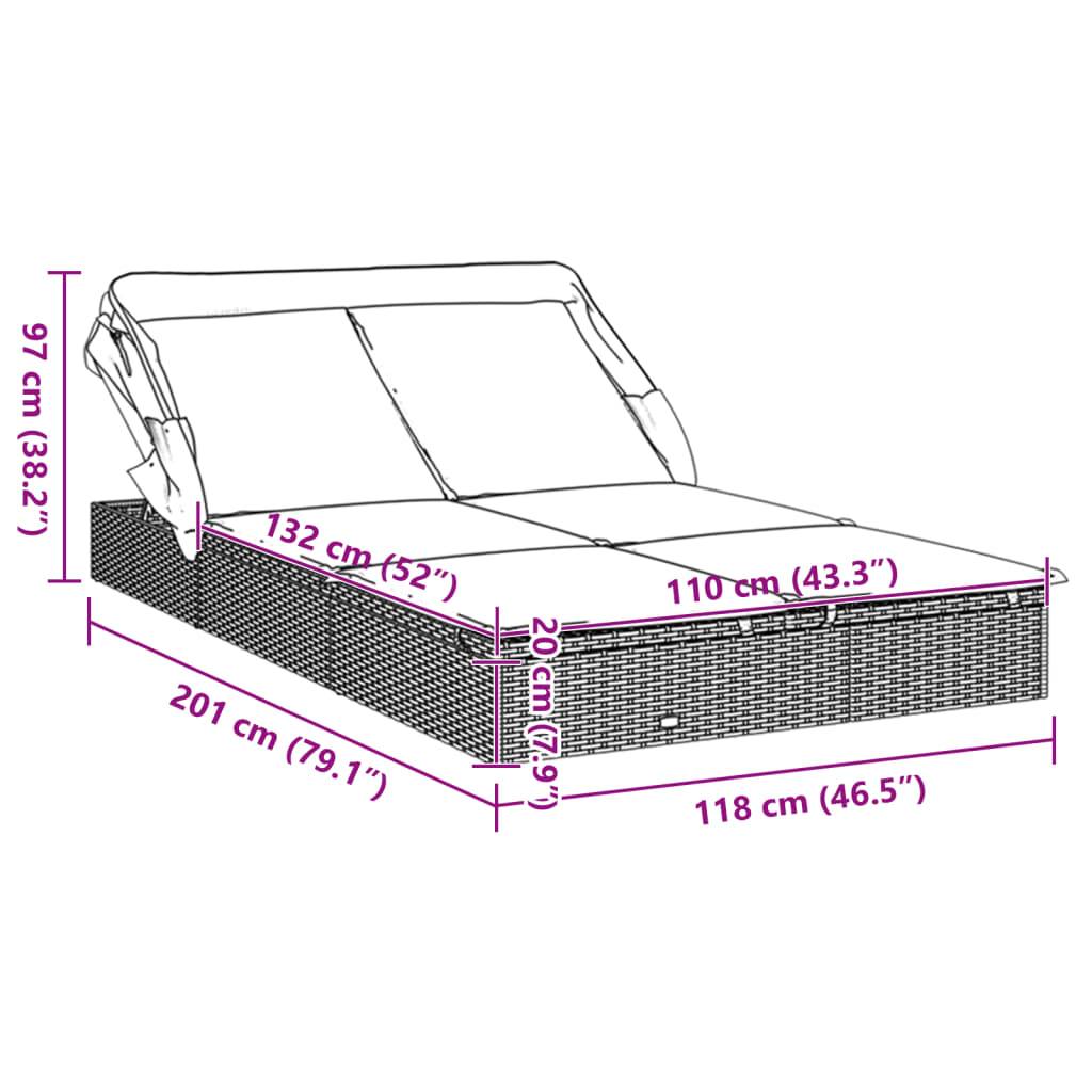 vidaXL 2-Personen-Sonnenliege mit Dach Schwarz 213x118x97 Poly Rattan