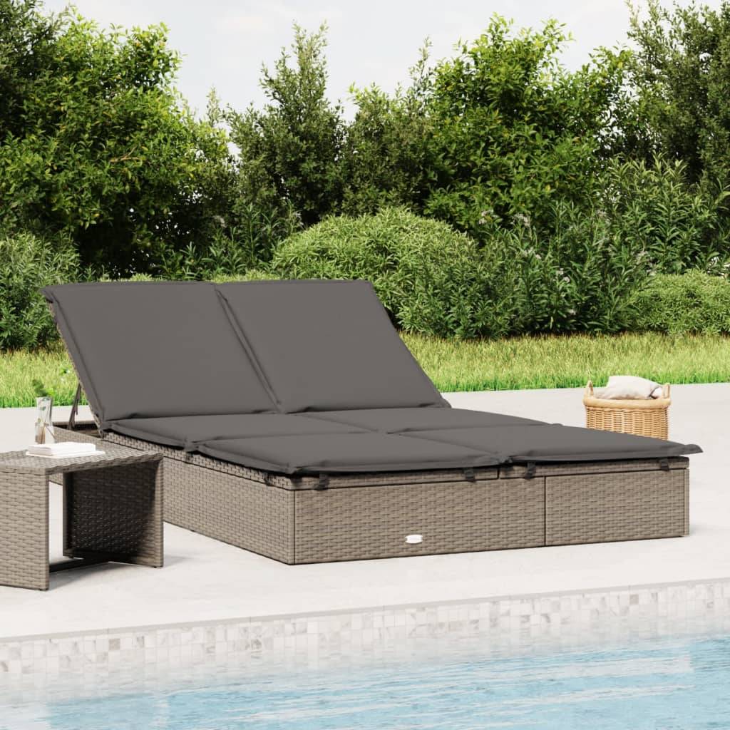 vidaXL Sonnenliege für 2 Personen mit Auflage Grau Poly Rattan