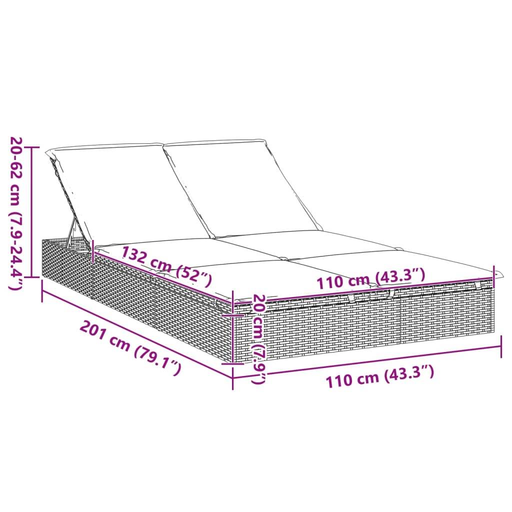 vidaXL Sonnenliege für 2 Personen mit Auflage Grau Poly Rattan