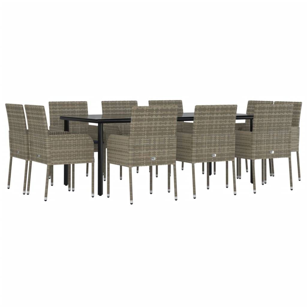 vidaXL 11-tlg. Garten-Essgruppe mit Kissen Schwarz & Grau Poly Rattan