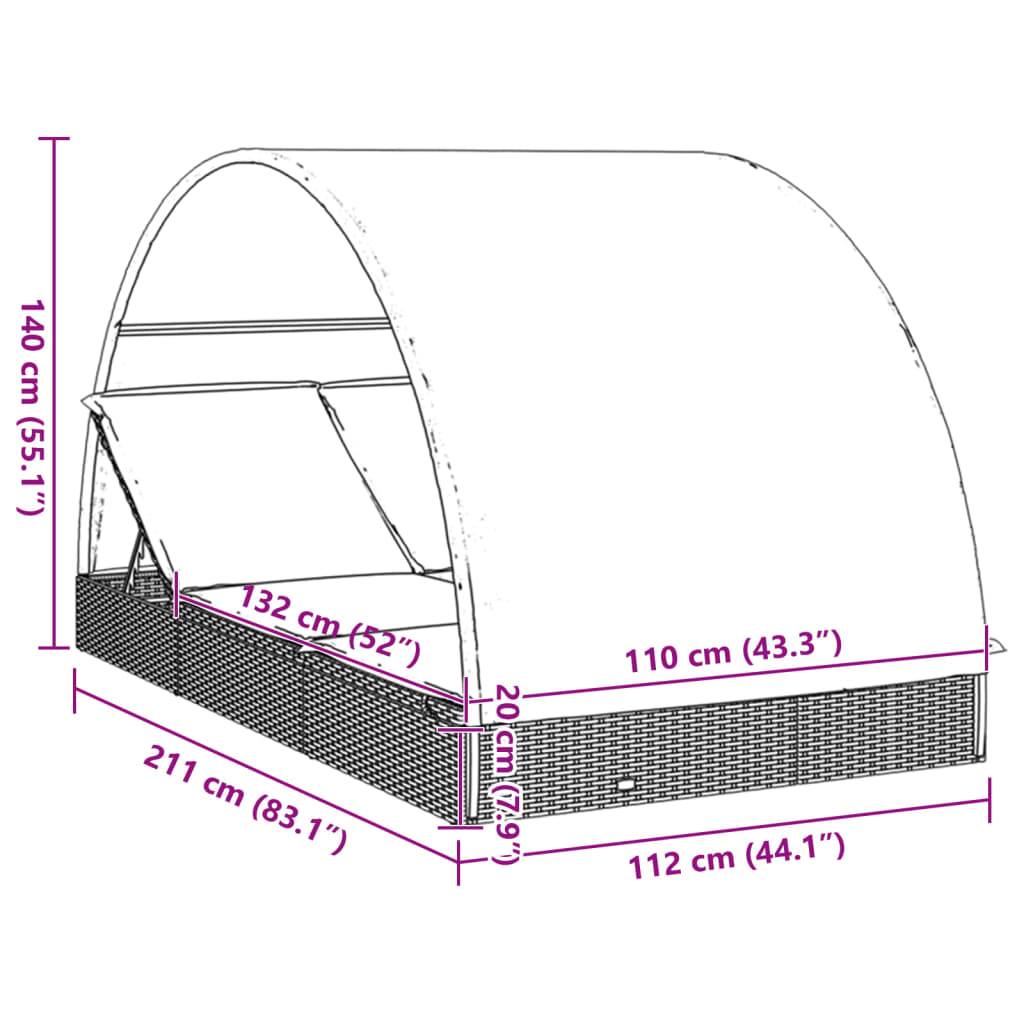 vidaXL 2-Personen-Sonnenliege mit Dach Grau 211x112x140 Poly Rattan
