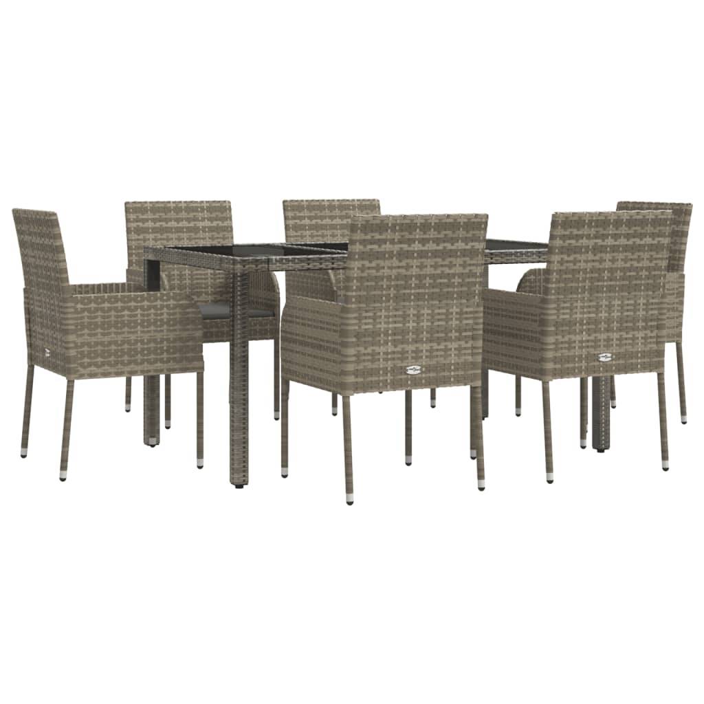 vidaXL 7-tlg. Garten-Essgruppe mit Kissen Grau Poly Rattan