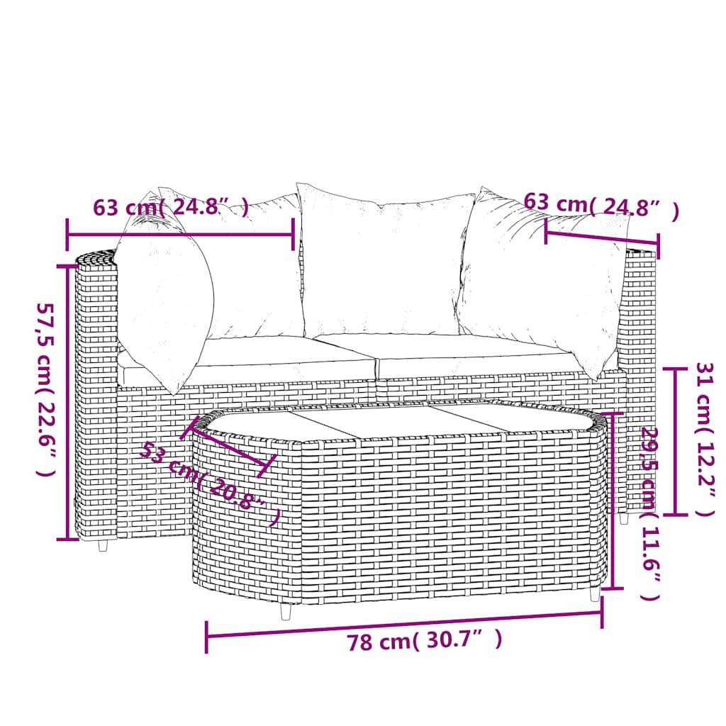 vidaXL 3-tlg. Garten-Lounge-Set mit Kissen Braun Poly Rattan