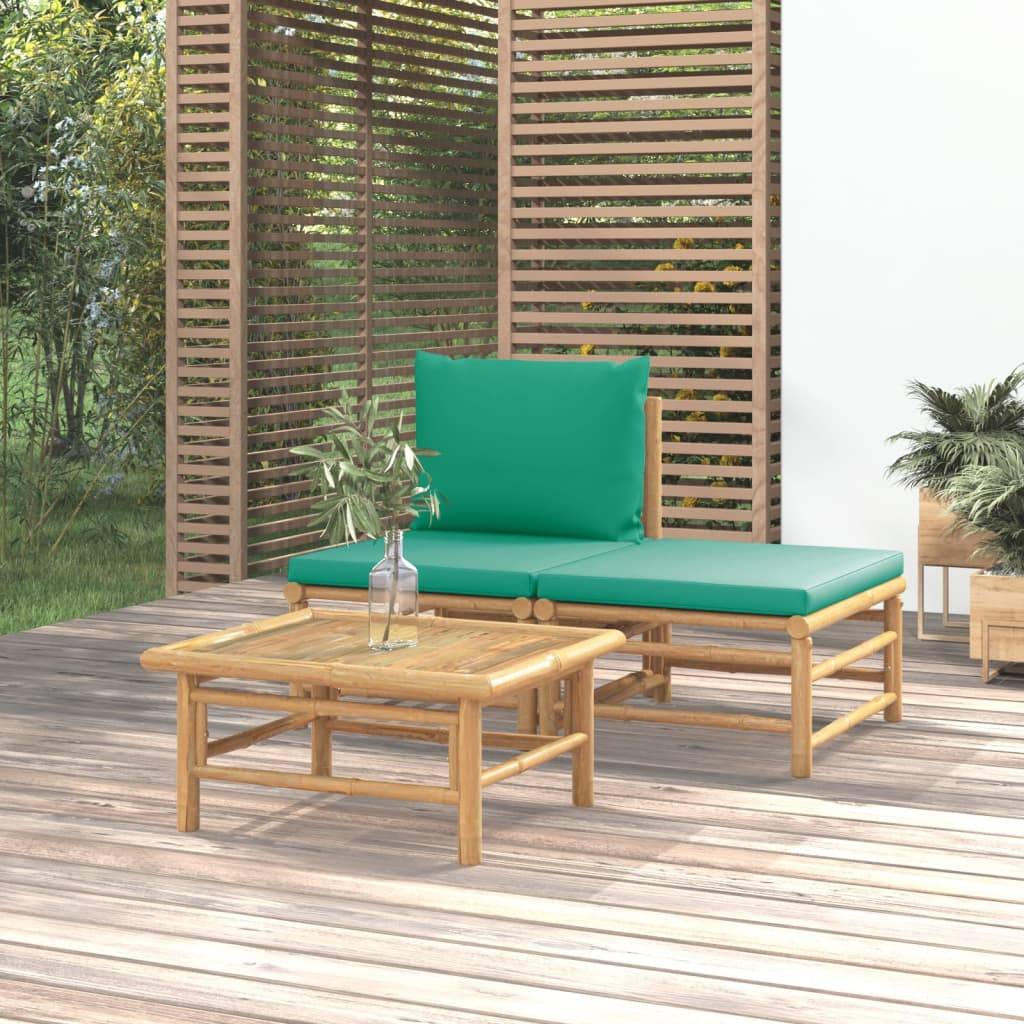 vidaXL 3-tlg. Garten-Lounge-Set mit Grünen Kissen Bambus
