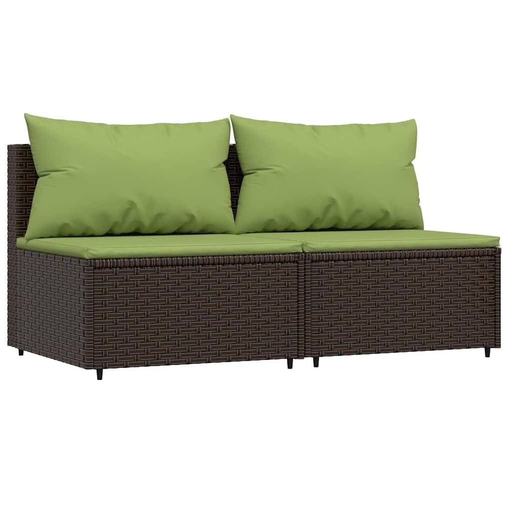 vidaXL Garten-Mittelsofas mit Kissen 2 Stk. Braun Poly Rattan