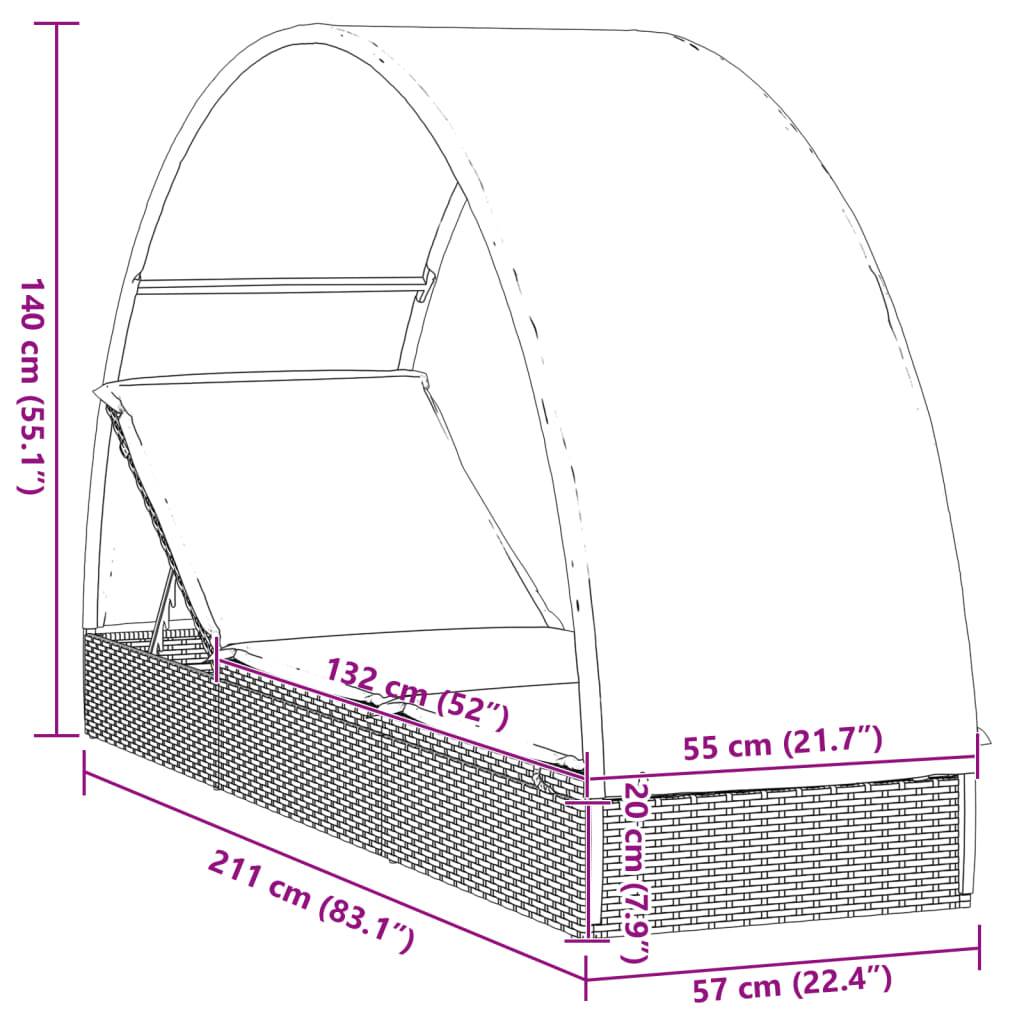 vidaXL Sonnenliege mit Runddach Grau 211x57x140 cm Poly Rattan