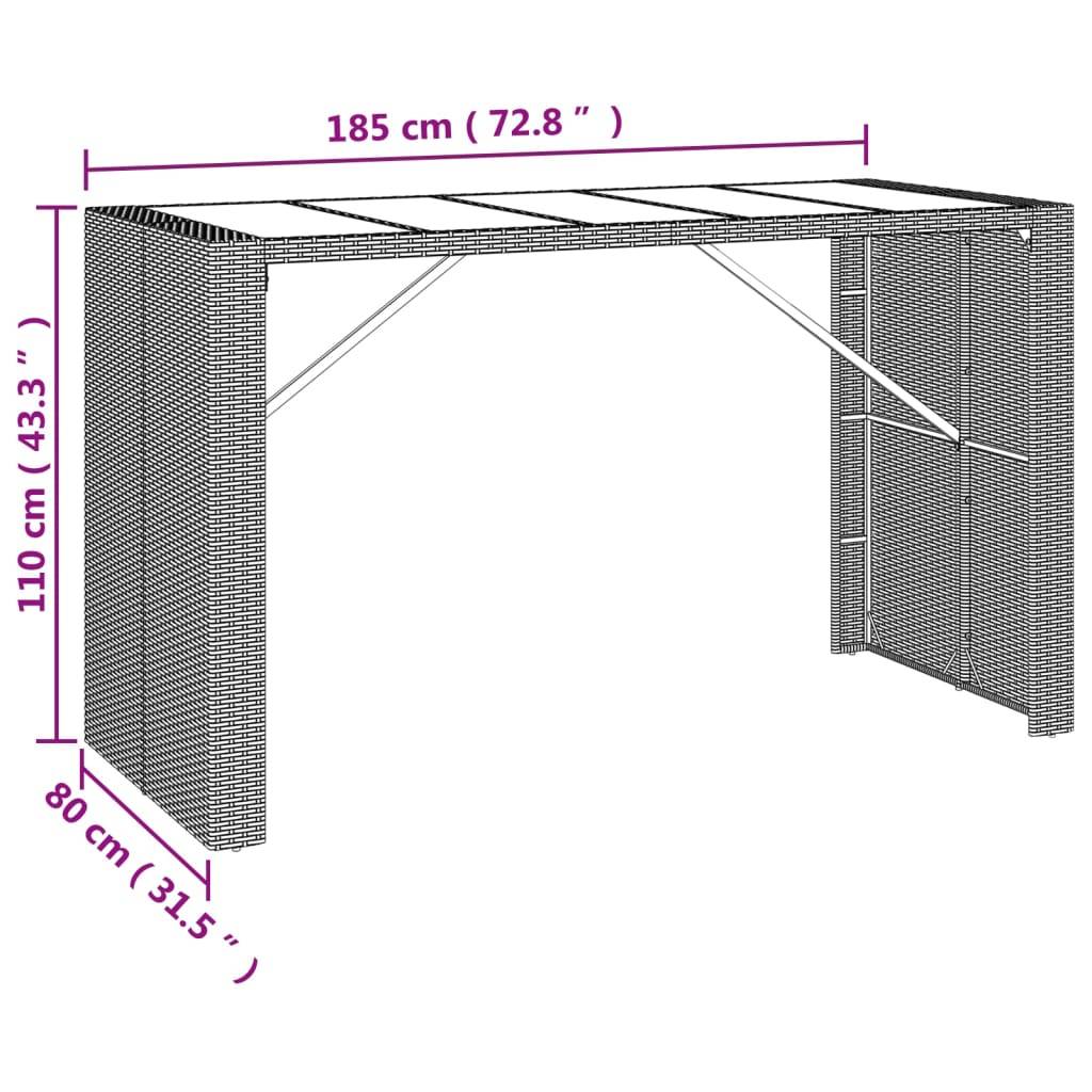 vidaXL Bartisch mit Glasplatte Grau 185x80x110 cm Poly Rattan