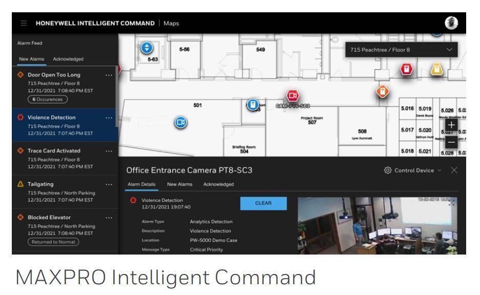 Eine Sicherheitskamera-Schnittstelle zeigt Gebäudegrundrisse mit markierten Alarmorten. Eine Benachrichtigung zeigt 