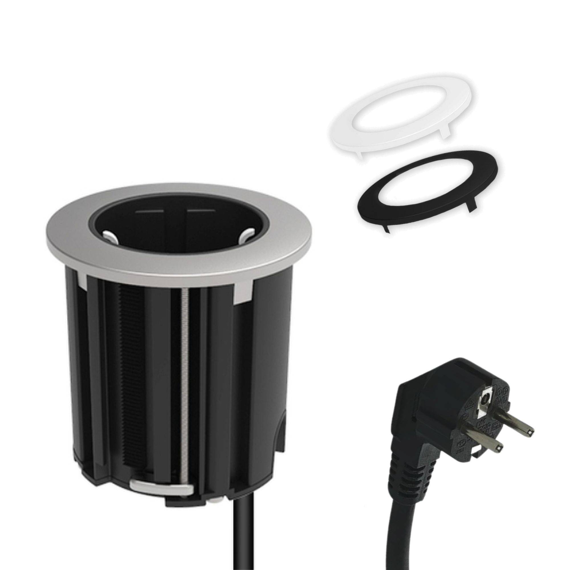 kalb | Einbausteckdose 230V Tischsteckdose 54mm rund für Montage in und an Möbeln / Platten, mit EU-Stecker, inkl. farbiger Blenden