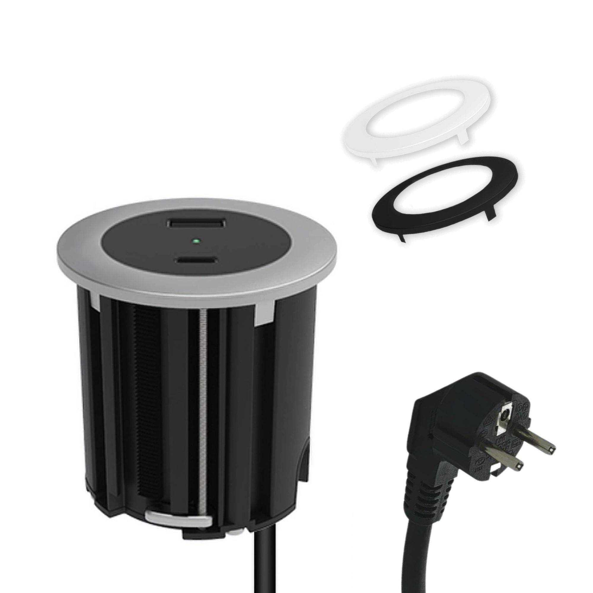 kalb | USB Einbausteckdose mit USB-C & USB-A, insg. 45W, 54mm rund für Montage in & an Möbeln / Platten, mit EU-Stecker, inkl. 3 farbiger Blenden