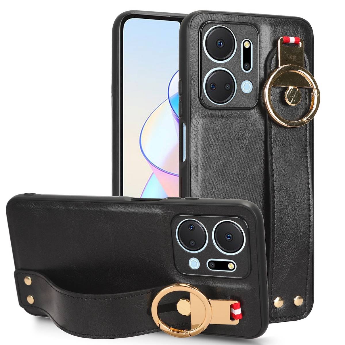 Für Honor X7A Handy Tasche Hülle mit Armbandhalterung und Ringalterung
