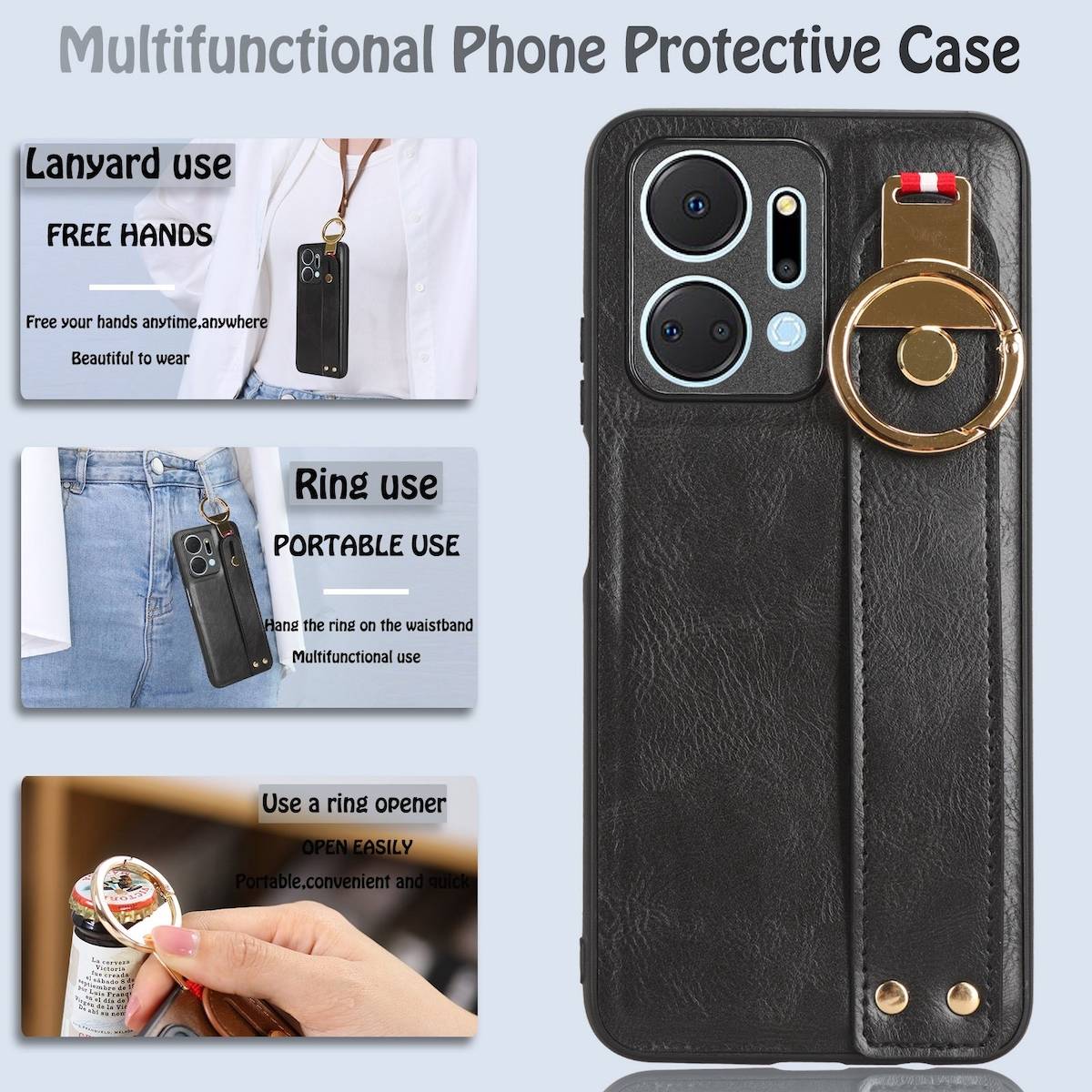 Für Honor X7A Handy Tasche Hülle mit Armbandhalterung und Ringalterung