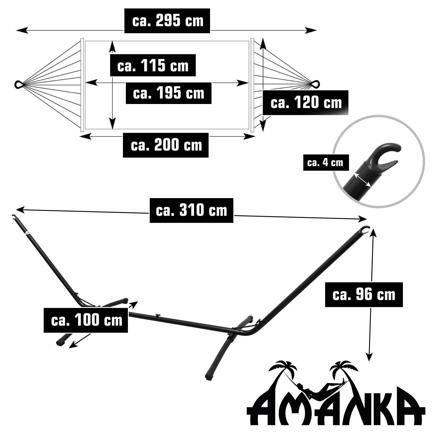 Outdoor Hängematte mit Gestell - 310cm Hängemattengestell 200x120 Stabhängematte