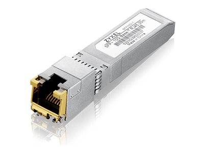 Ein Zyxel SFP-Modul, eine rechteckige Metallkomponente mit einem RJ-45-Anschluss. Verwendet für Netzwerkverbindungen in Kommunikationsgeräten.
