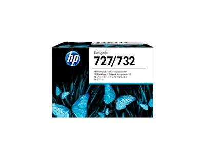 HP DesignJet 727/732 Tintenpatrone in einer Verpackung mit einem blauen Schmetterling auf schwarzem Hintergrund.