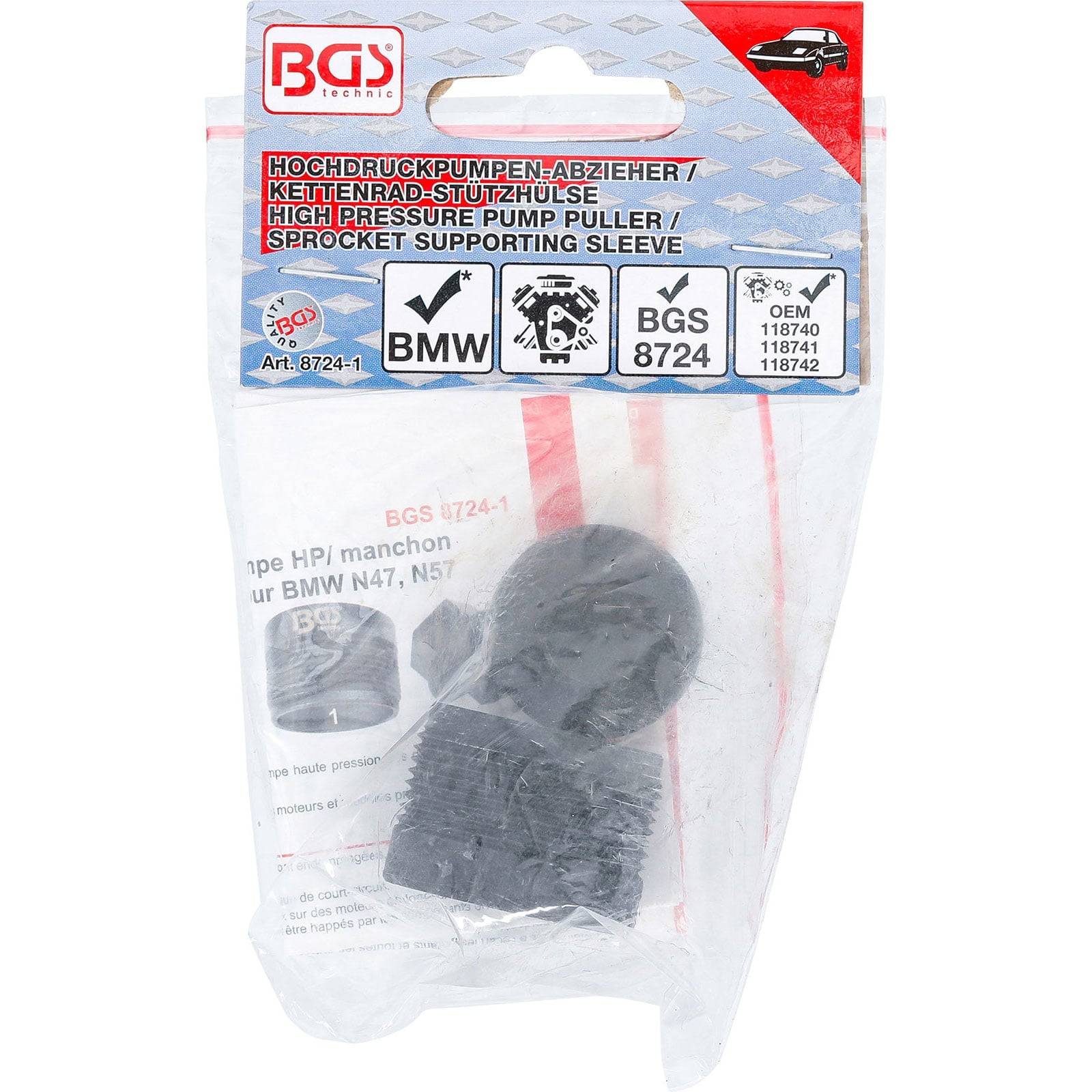 BGS-Verpackung mit einem Hochdruck-Pumpenabzieher, kompatibel mit BMW-Modellen, mit sichtbarer Produktcode 8724-1.
