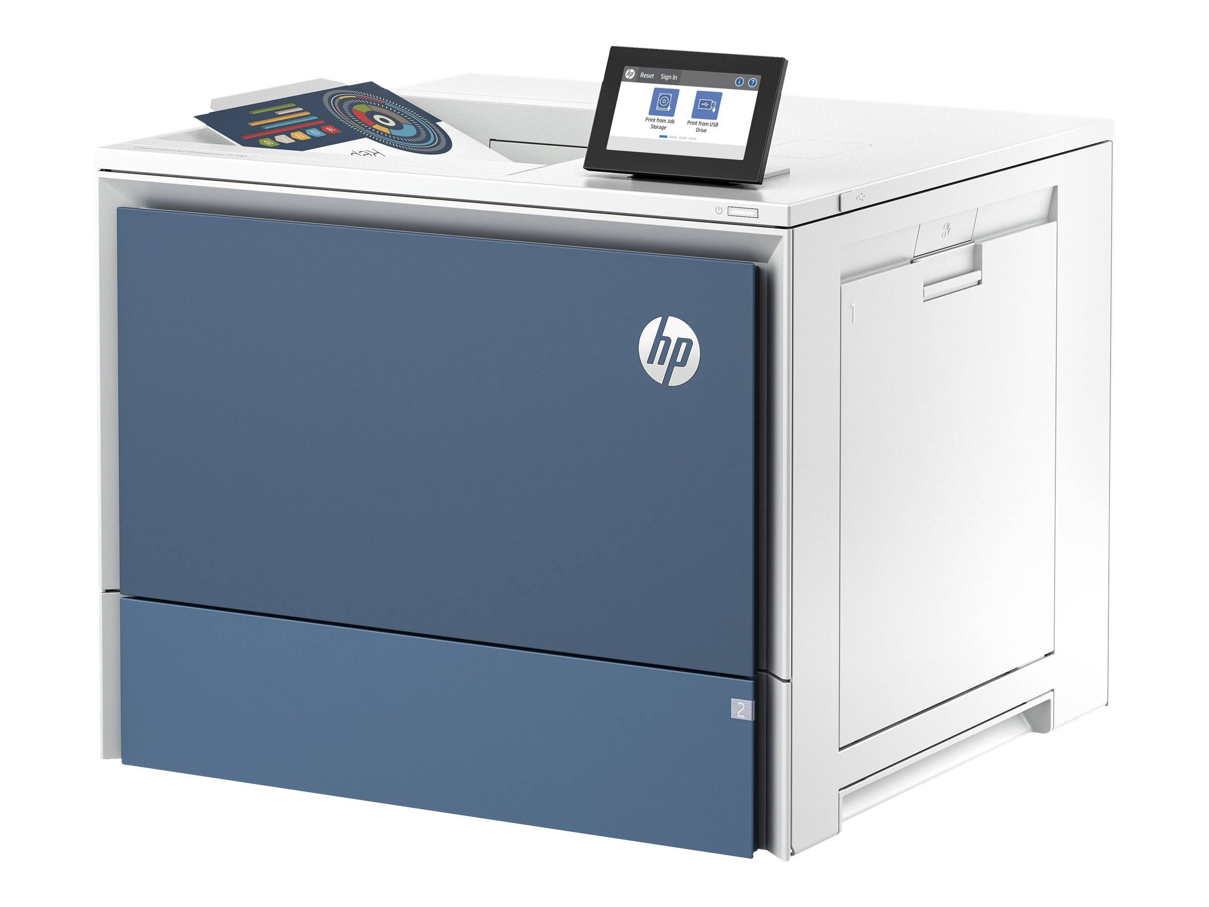 HP-Industriedrucker mit blauem Frontpanel, Touchscreen oben und Papierausgabefach, gezeigt in einer Studio-Produktansicht.