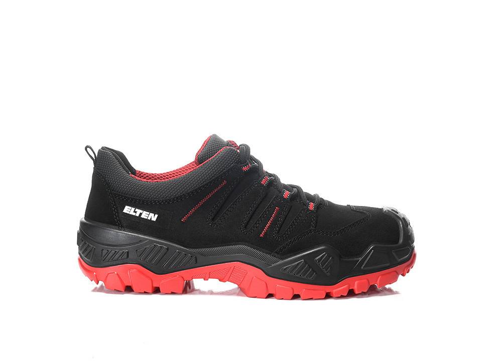 Ein schwarzer und roter Sportschuh mit robusten roten Sohlen und der Aufschrift 'Elten', konzipiert für Outdoor- oder Arbeitsumgebungen.