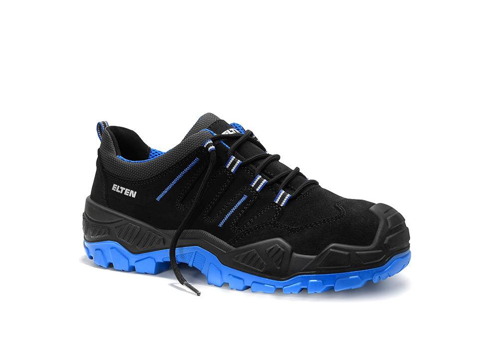 Schwarzer und blauer Wanderschuh mit robuster Sohle und seitlich angebrachter Markenaufschrift 'Elten', entwickelt für Outdoor-Aktivitäten.