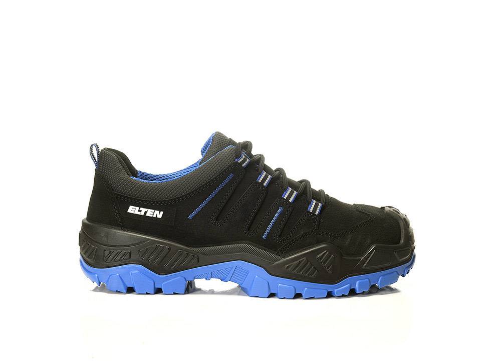 Ein schwarzer und blauer Wanderschuh mit robuster Sohle und Schnürsenkeln, geeignet für Outdoor-Aktivitäten.