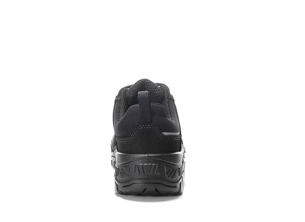 Schwarzer Sportschuh, von hinten gezeigt, mit Fokus auf die Sohlen- und Fersengestaltung vor einem weißen Hintergrund.