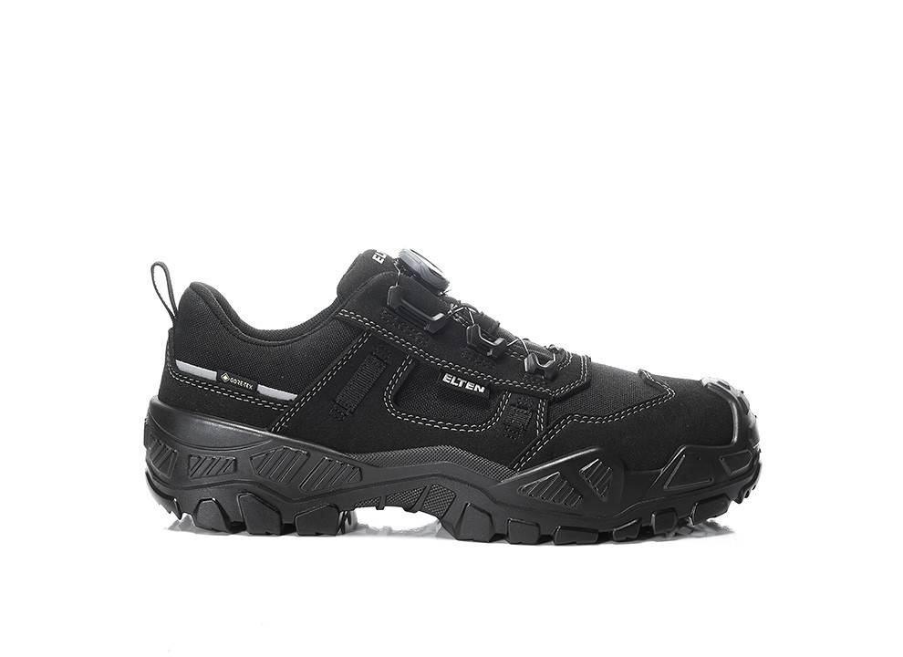 Schwarzer Outdoor-Wanderschuh mit einer dicken, robusten Sohle, verstärktem Zehenbereich und sicherem Schnürsystem für Langlebigkeit und Komfort.