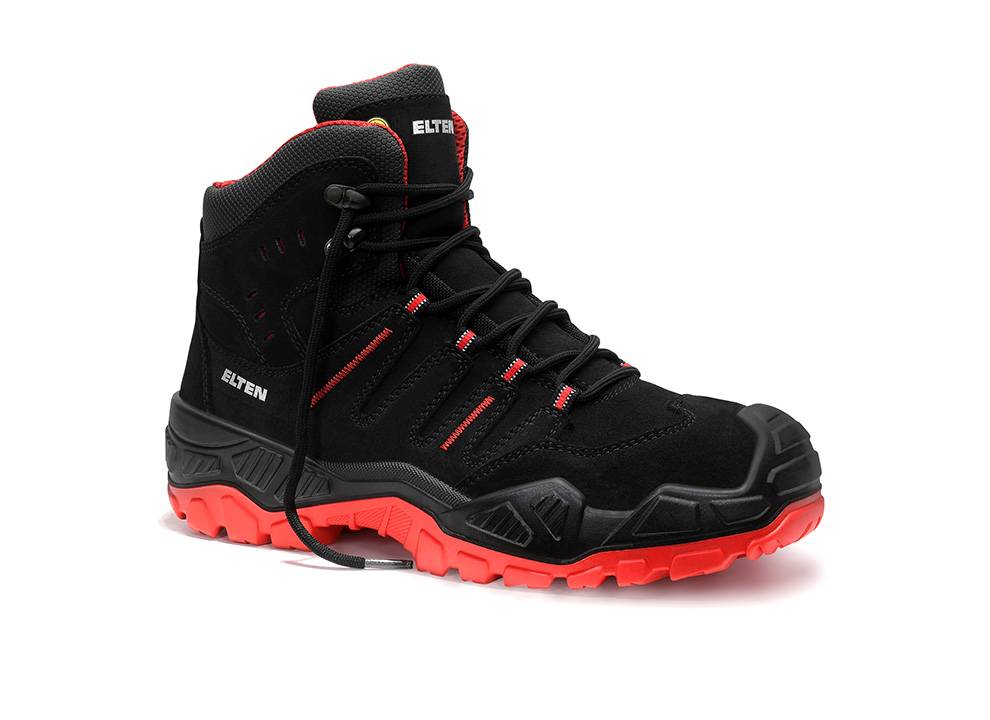 Ein schwarzer und roter Wanderschuh mit groben Sohlen und sichtbaren Schnürsenkeln, auf der Seite und Zunge mit dem Markennamen 'Elten' beschriftet.