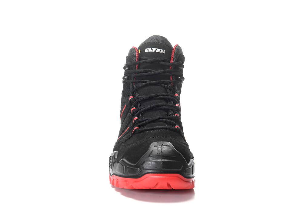 Schwarzer und roter Wanderschuh mit sichtbaren Schnürsenkeln und Markenbeschriftung auf der Zunge. Robuste Sohle und Knöchelunterstützung, geeignet für Outdoor-Aktivitäten.