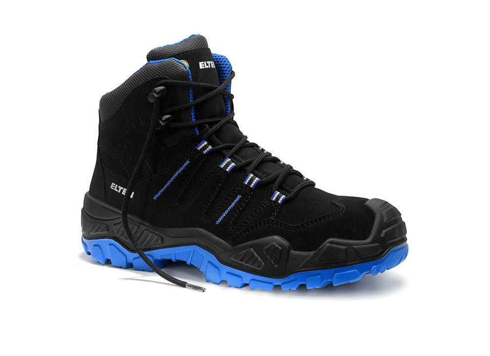 Schwarzer und blauer Wanderschuh mit robuster Sohle, widerstandsfähigem Design und 'ELITE' Branding, geeignet für Outdoor-Aktivitäten.