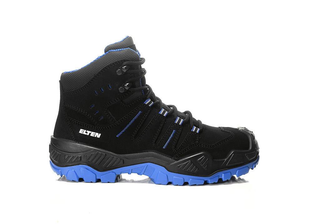 Ein schwarzer Wanderschuh mit blauen Akzenten und groben Profil, seitlich mit 'ELTEN' beschriftet, entwickelt für den Outdoor-Einsatz und raues Gelände.