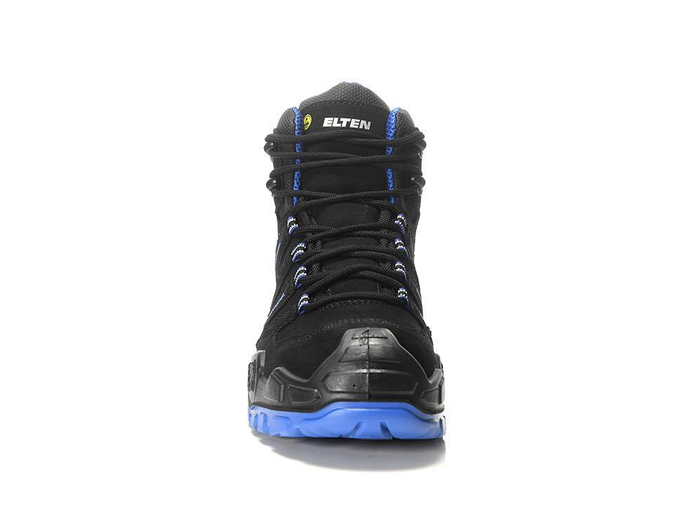 Ein schwarzer und blauer Wanderschuh der Marke 'Elten' mit Schriftzug auf der Zunge, ausgestattet mit robuster Sohle und stabiler Konstruktion für den Outdoor-Einsatz.