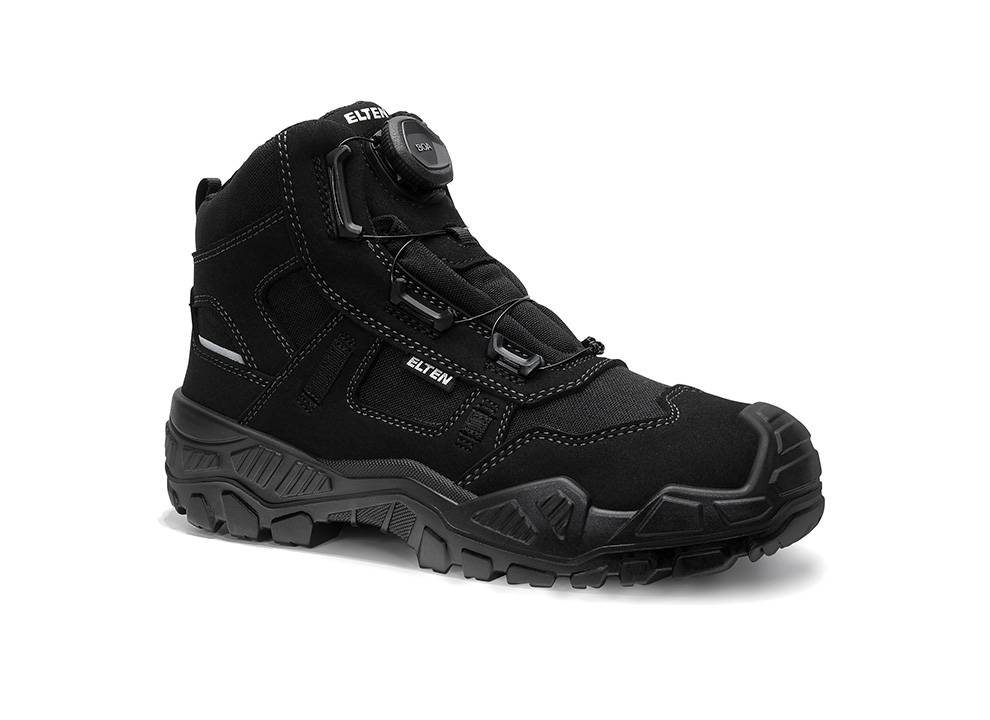 Ein robuster schwarzer Wanderschuh mit dickem Profil, ausgestattet mit einem sicheren Schnürsystem, geeignet für Outdoor-Aktivitäten.