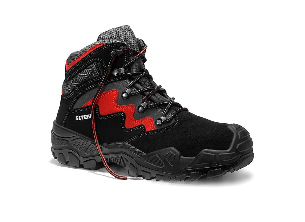 Ein schwarzer und roter Wanderschuh mit einer griffigen Sohle, entwickelt für Haltbarkeit und Komfort bei Outdoor-Aktivitäten. Der Markenname ist an der Seite sichtbar.