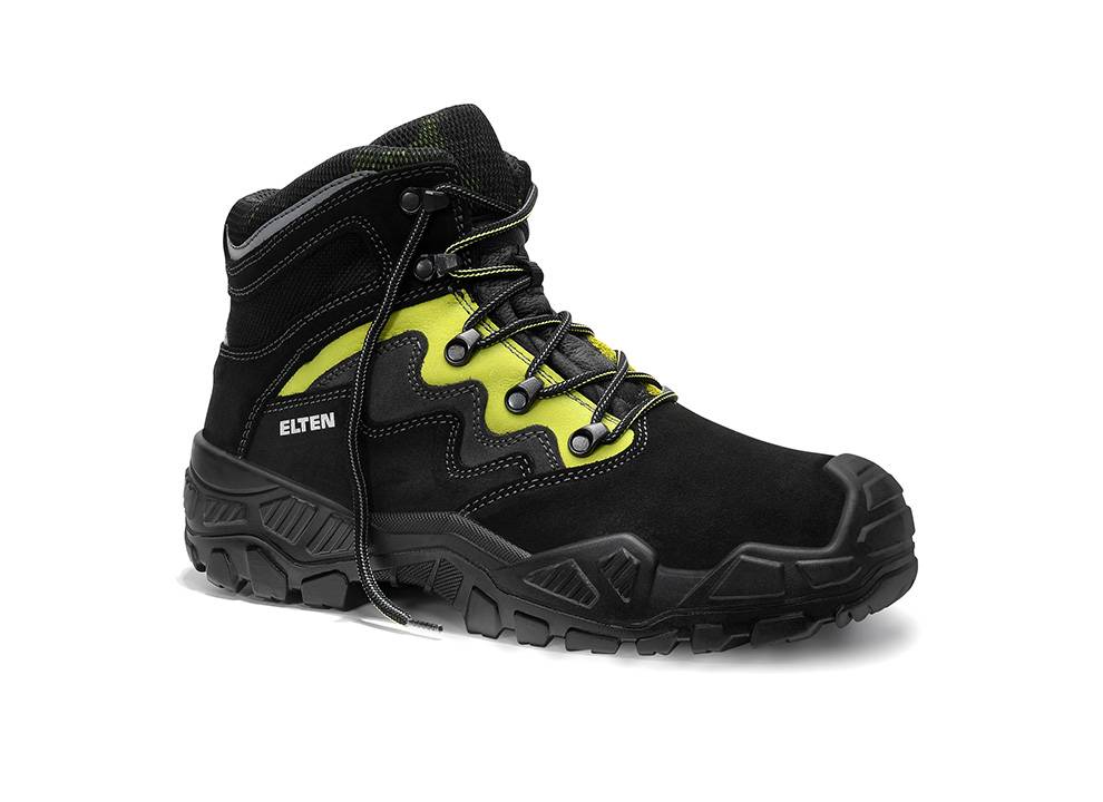Ein schwarzer und grüner Sicherheitsschuh mit robusten Sohlen und Knöchelschutz, mit dem Markennamen 'Eltent' an der Seite.