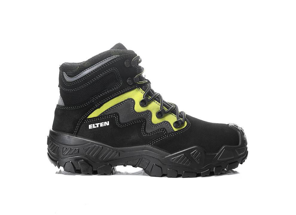 Schwarzer und grüner Outdoorstiefel mit robustem Profil, mit der Aufschrift 'ELTEN'.