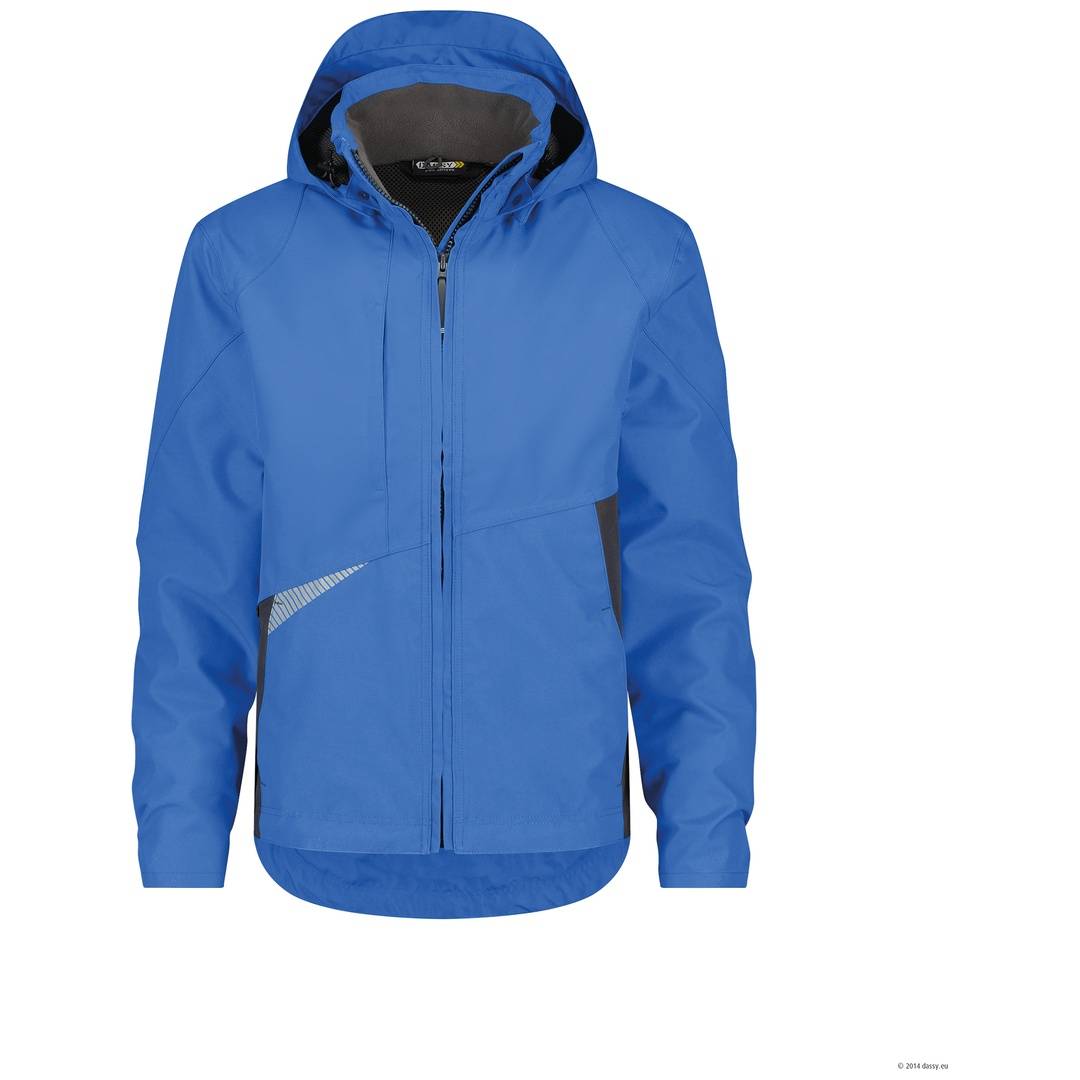 Blauer Kapuzenjacke mit Reißverschluss von vorne, lange Ärmel, auf weißem Hintergrund dargestellt.