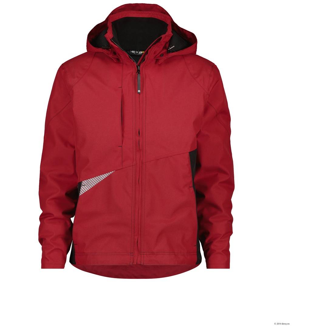 Rote Kapuzen-Reißverschlussjacke mit schwarzem Futter und reflektierendem diagonalen Akzent auf der unteren linken Vorderseite.