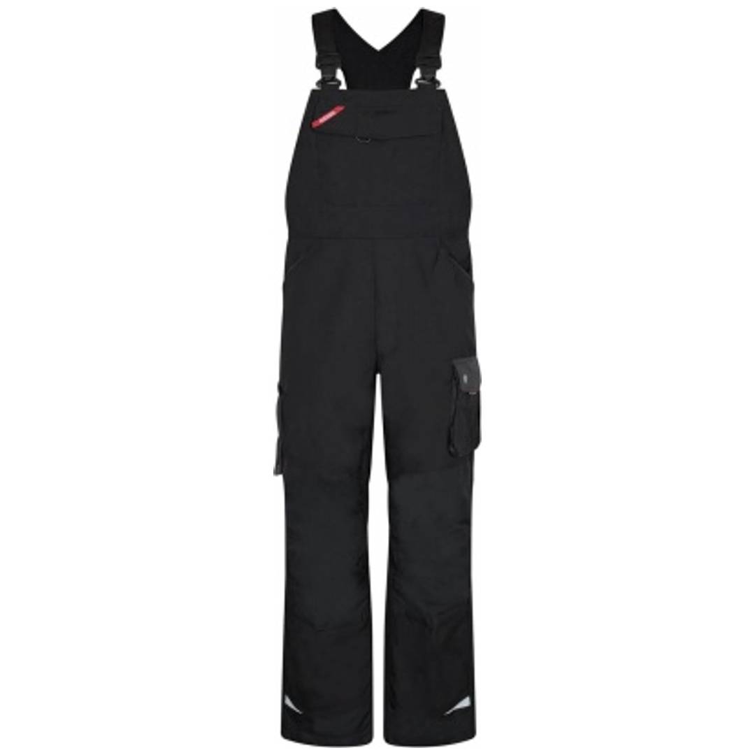 Schwarze isolierte Schneelatzhose mit Schultergurten und Cargotasche, isoliert auf weißem Hintergrund gezeigt.