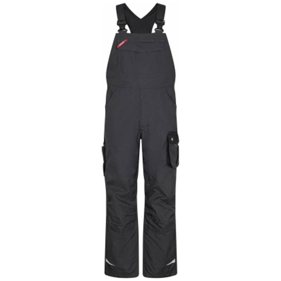 Schwarze latzhose-ähnliche Schneehose mit Schultergurten und Cargotaschen auf weißem Hintergrund.