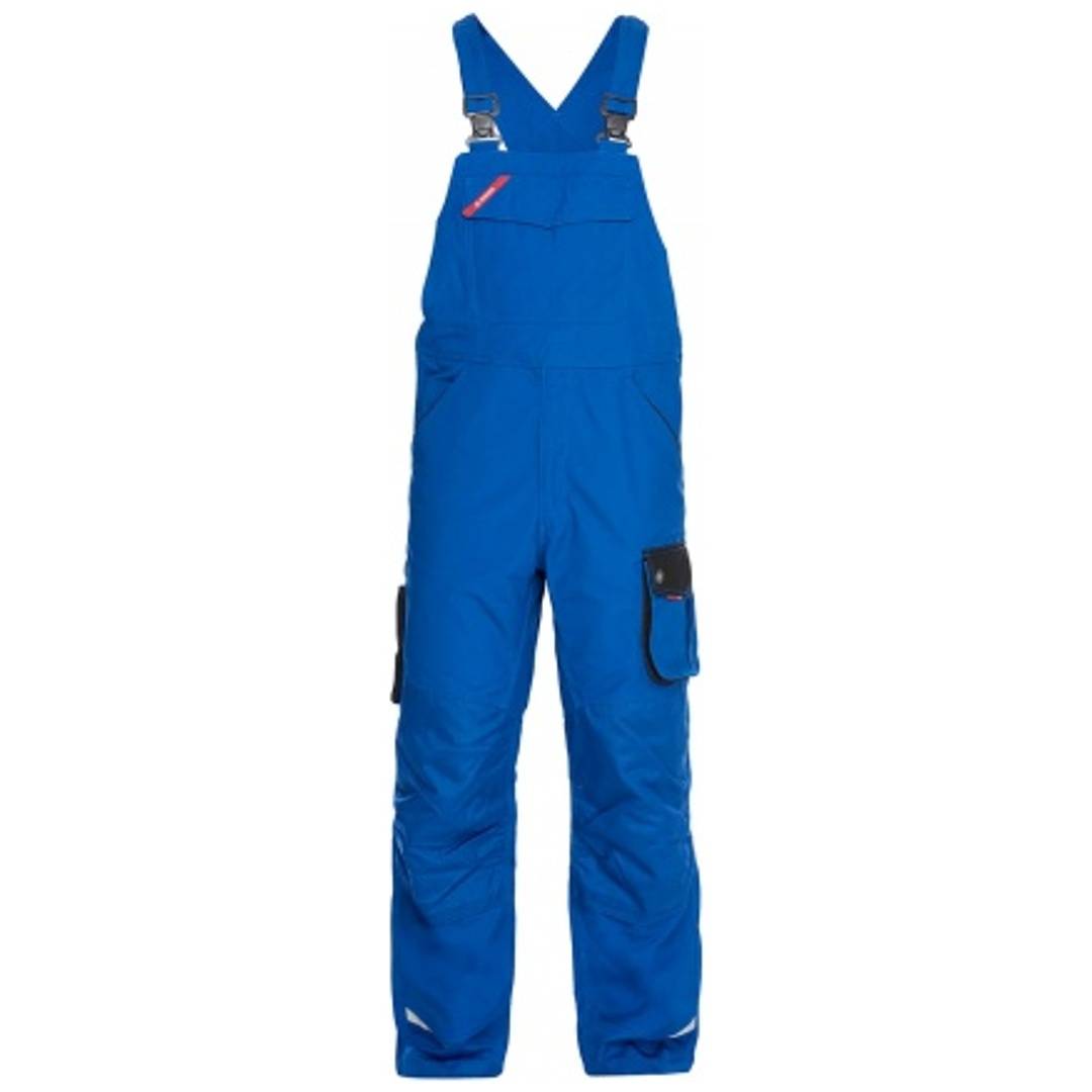 Blau isolierte Latzhose mit Schultergurten, Vordertasche und seitlicher Cargotasche, auf weißem Hintergrund dargestellt.