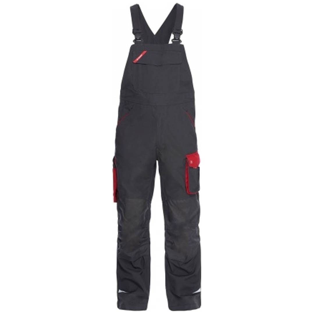 Schwarze Overalls mit Schultergurten und roten Taschenelementen, Vorderansicht auf weißem Hintergrund.