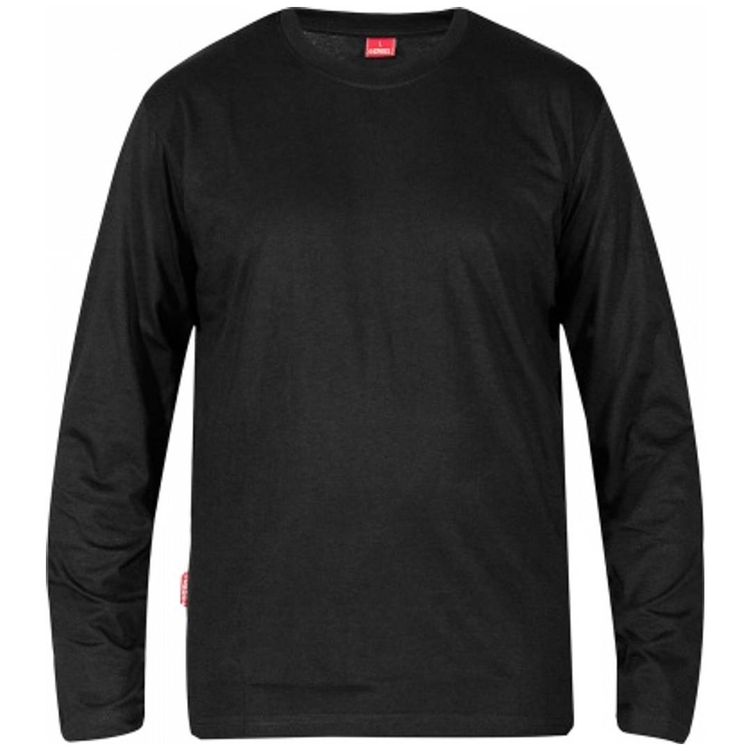 Schwarzes langärmeliges Rundhals-T-Shirt, Vorderansicht auf weißem Hintergrund dargestellt.