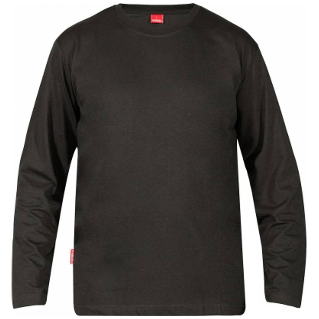 Schwarzes Langarm-Crewneck-T-Shirt, von vorne auf weißem Hintergrund gezeigt.