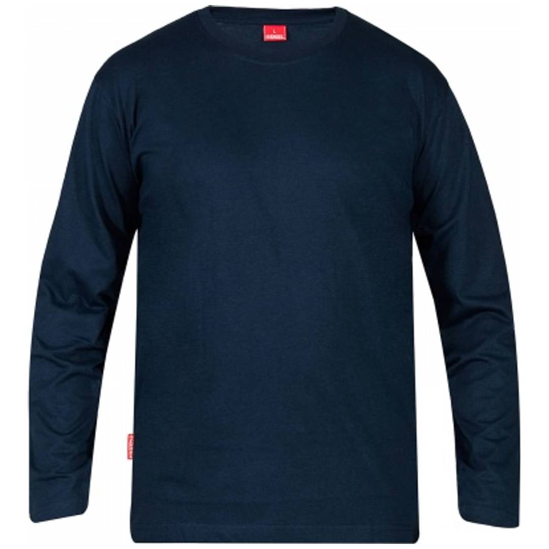 Dunkelblaues Langarm-Crewneck-Shirt, frontal auf einem einfachen weißen Hintergrund gezeigt.