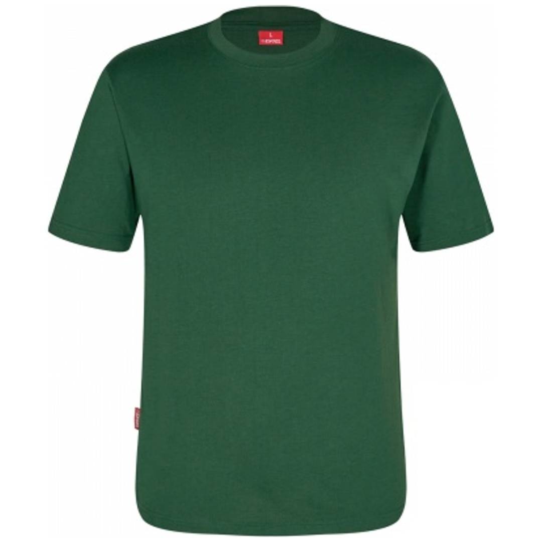 Einfaches dunkelgrünes kurzärmeliges T-Shirt in Vorderansicht auf weißem Hintergrund.