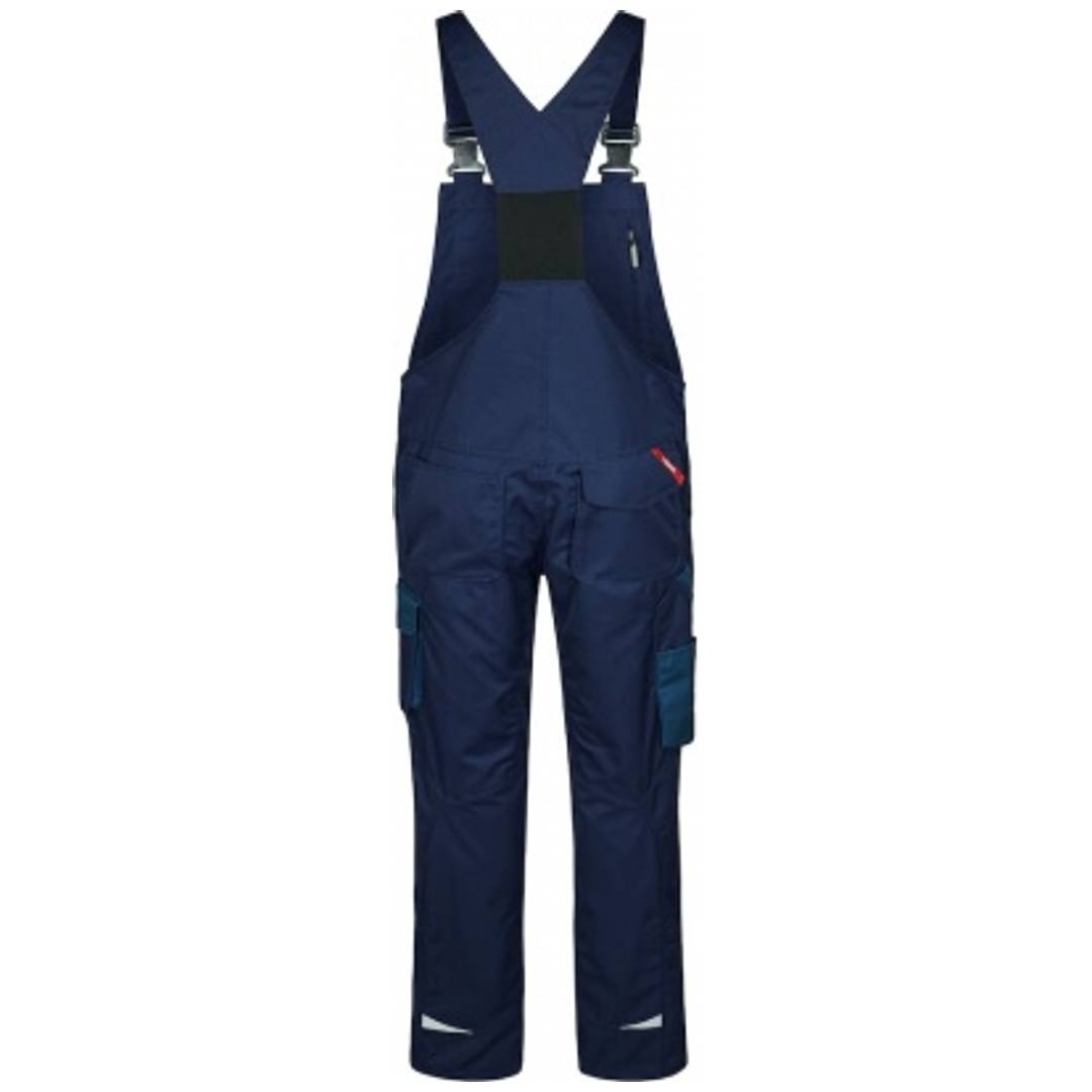 Blaue Latzhose mit Hosenträgern, Vorderansicht auf weißem Hintergrund.
