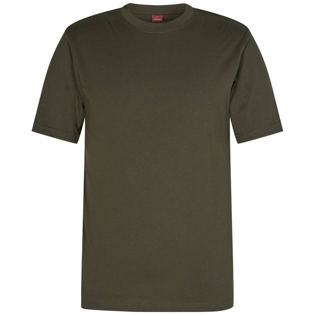 Dunkelolives T-Shirt mit Kurzarm in Vorderansicht auf weißem Hintergrund.