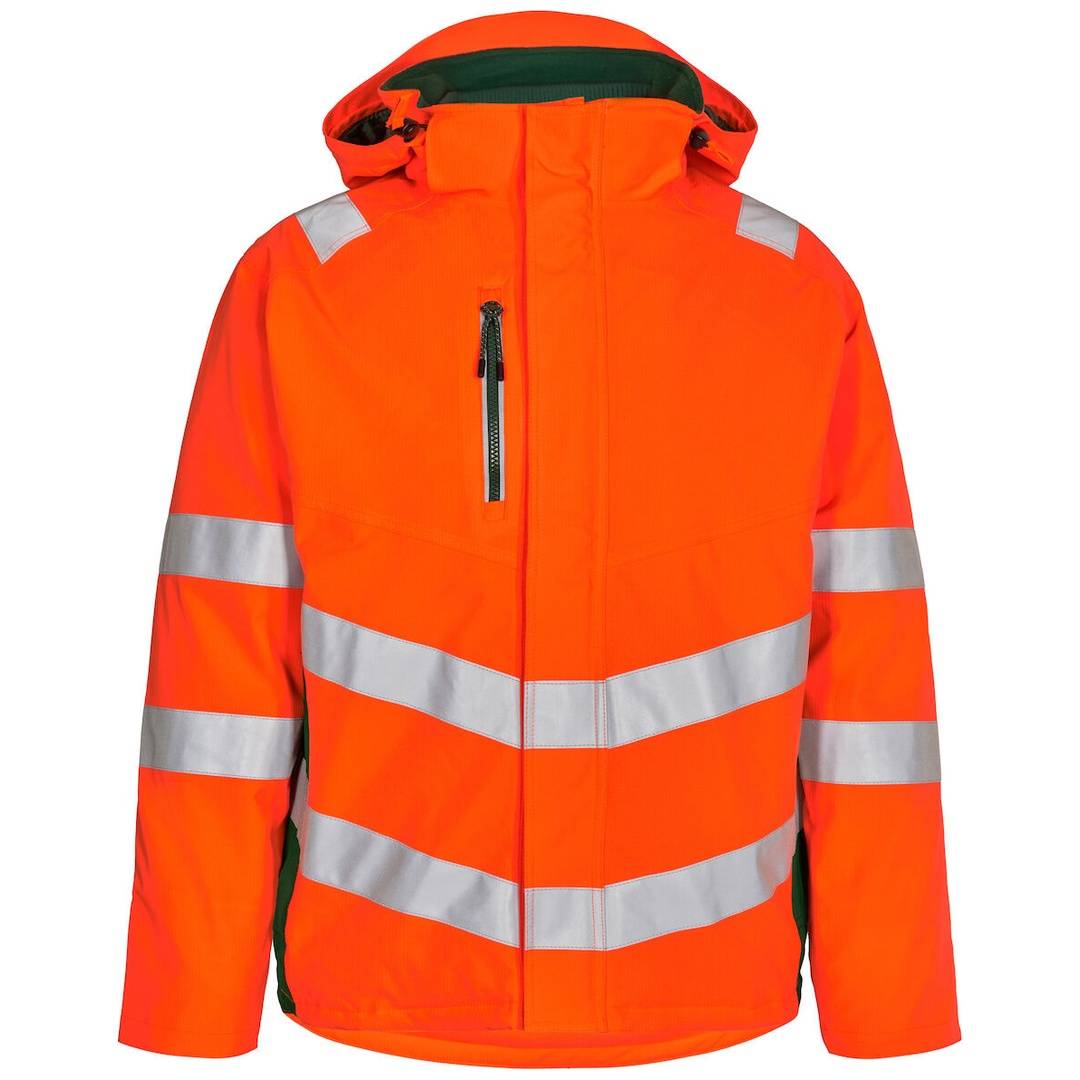 Leuchtend orange Warnschutzjacke mit Kapuze und reflektierenden silbernen Streifen, Frontreißverschluss und langen Ärmeln, auf einem einfachen weißen Hintergrund dargestellt.