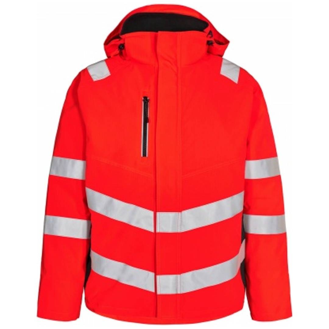 Leuchtend rote Warnschutzjacke mit Kapuze, silbernen Reflexionsstreifen, Frontreißverschluss und Brusttasche, vor neutralem Hintergrund gezeigt.