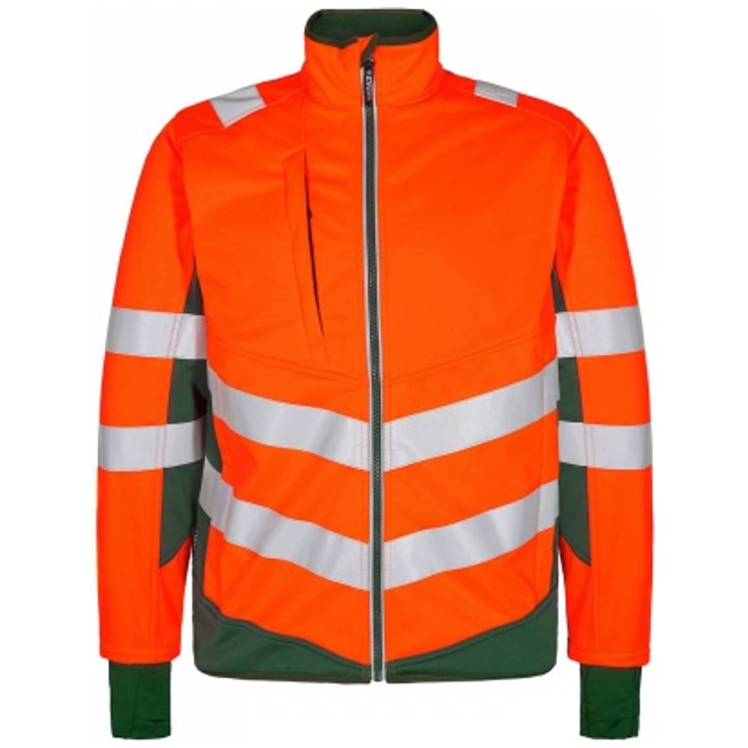 Orange Sicherheitsjacke mit Reißverschluss und reflektierenden silbernen Streifen sowie dunkelgrüner Besatzung, Vorderansicht auf neutralem Hintergrund.